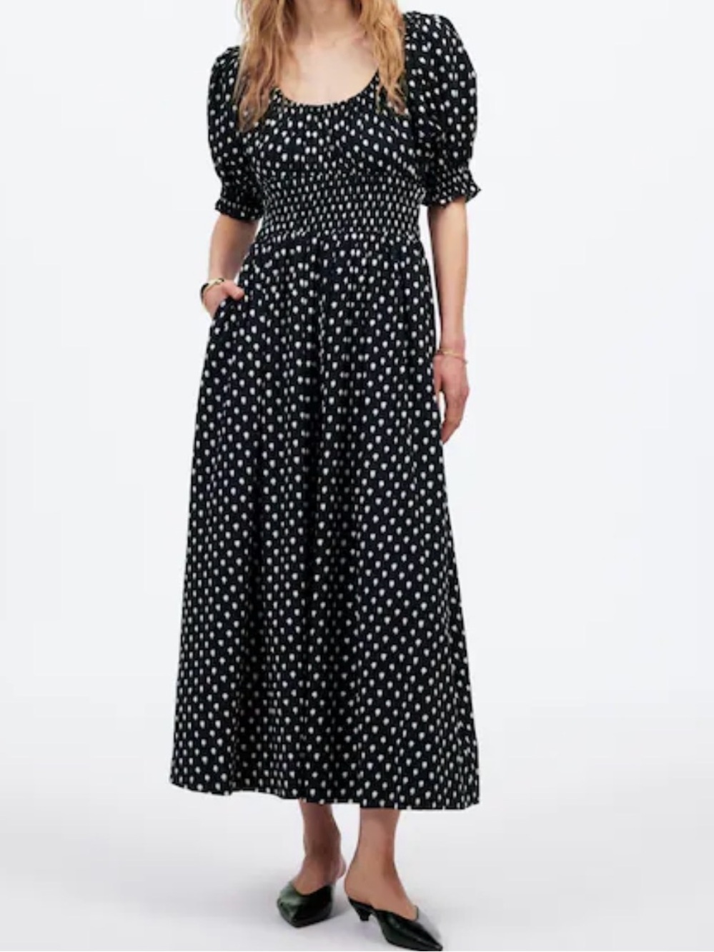 Madewell Smocked Waist Navy Dress with White Dot Detail Sz 4